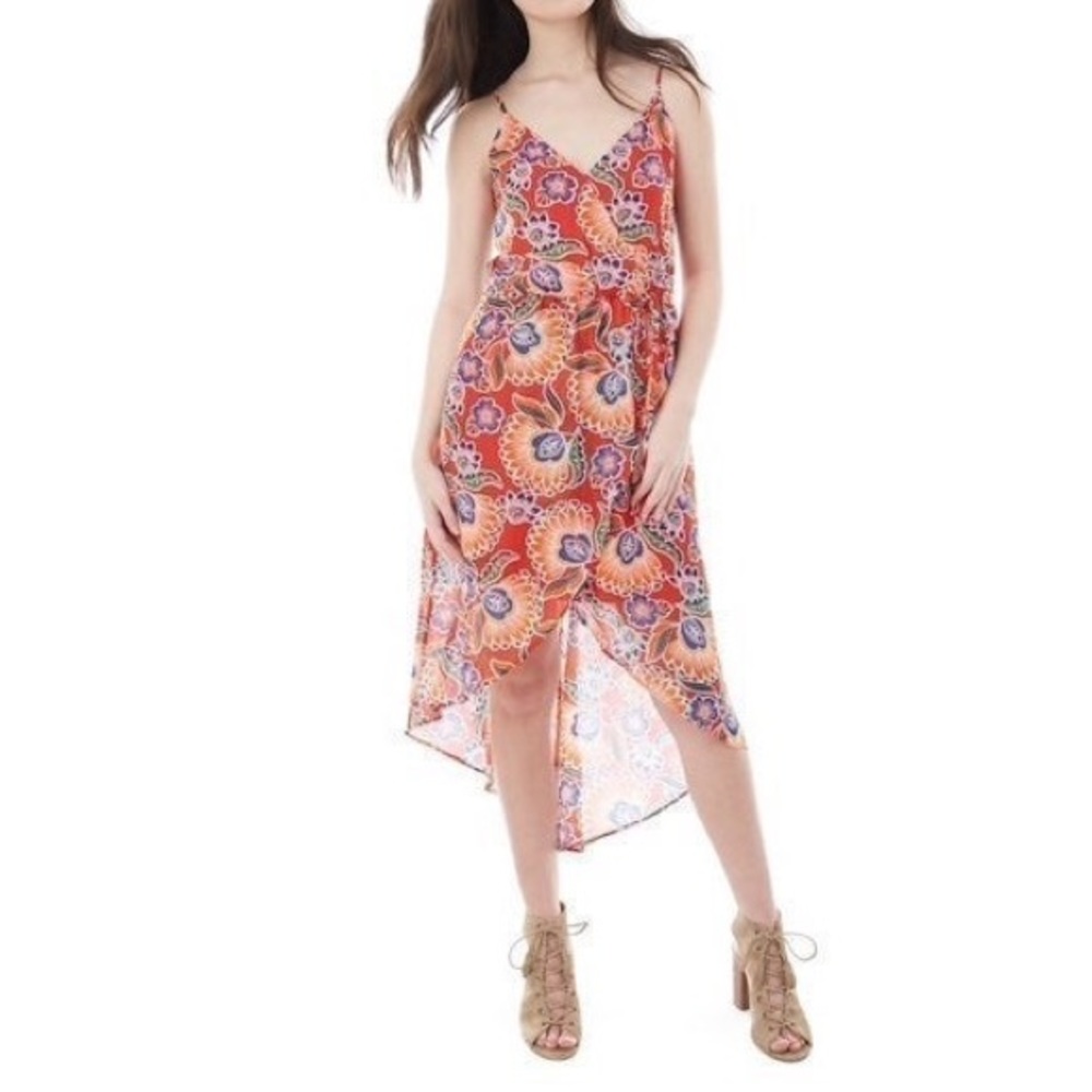 iZ Byer Red Floral Print High-Low Strap Dress |NWT
